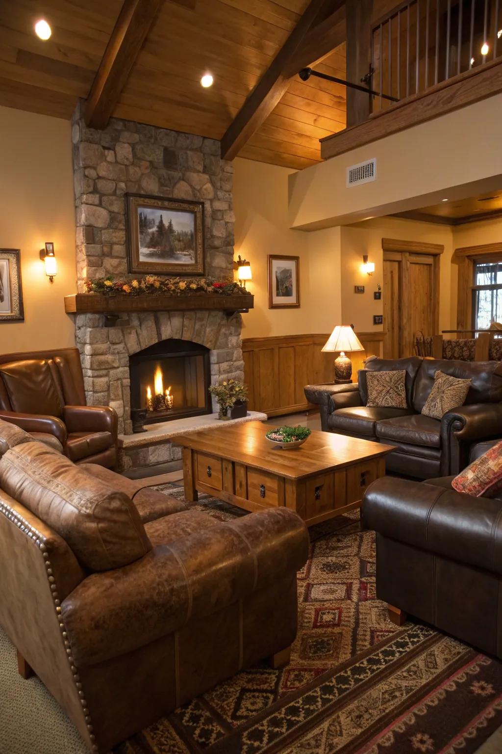 A cozy lodge living room features plush seating and comfortable leather sofas.