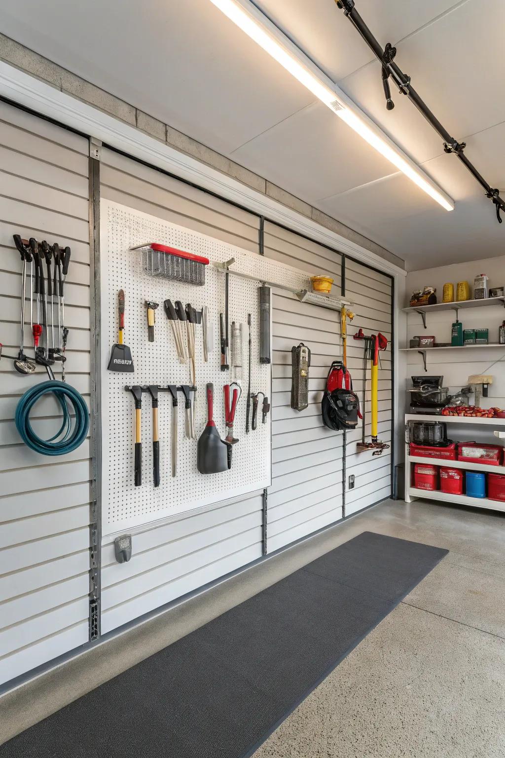 Slatwall boards provide a flexible and neat storage solution.