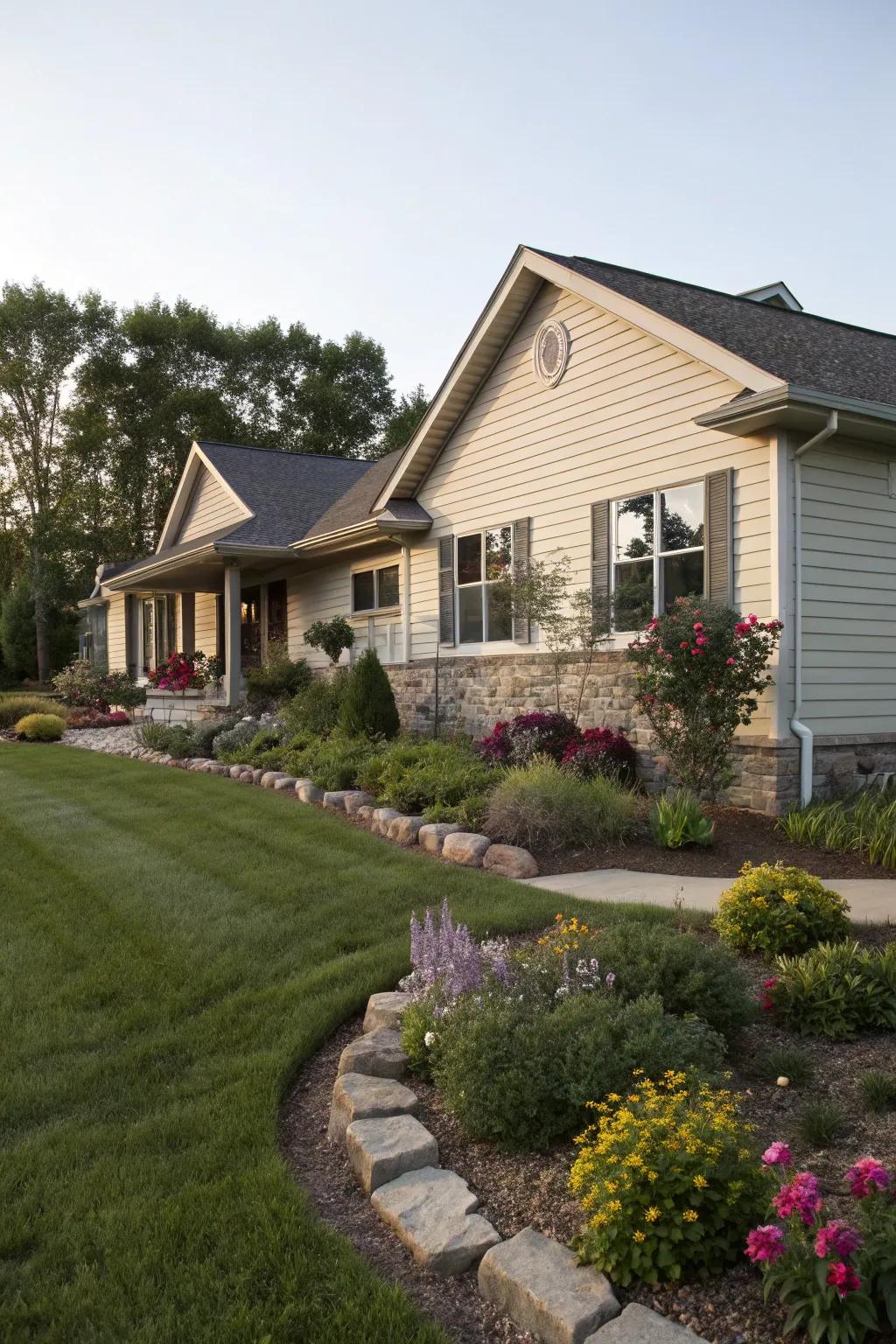 Landscaping, integrated with the siding design, enhances the beauty of the ranch house.