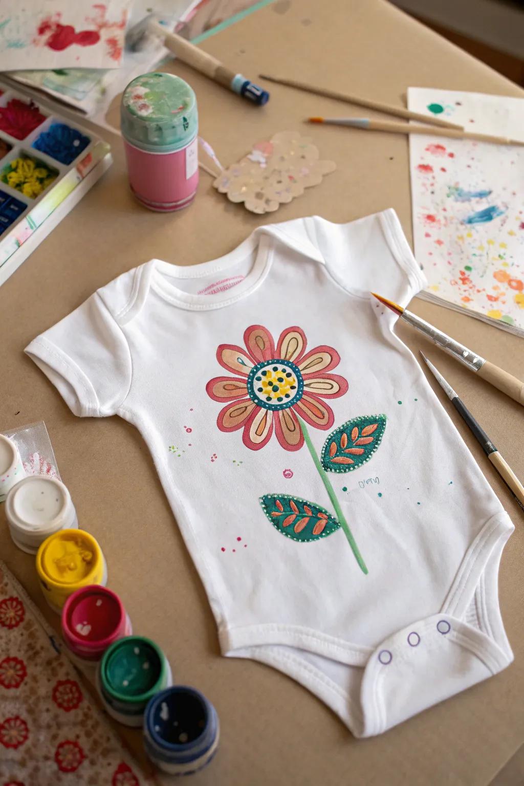 A one-of-a-kind onesie showcasing a handmade touch.