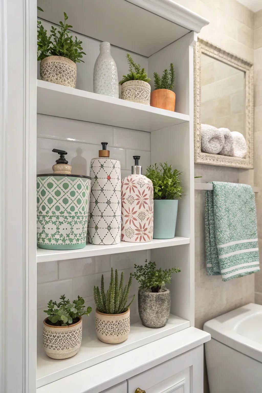 Decorative elements give open linen closets a unique touch.