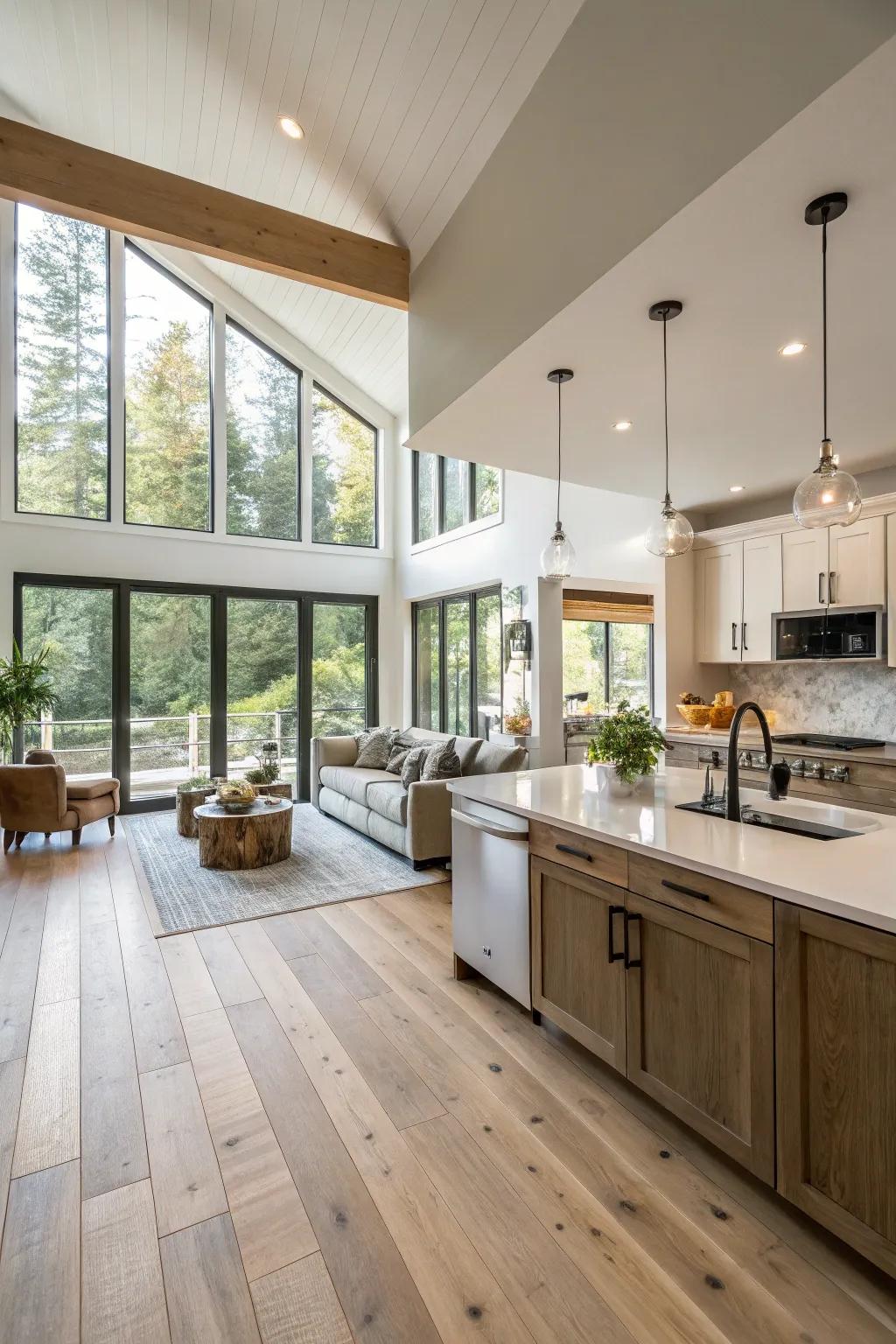 Consistent wood flooring creates a cohesive look in an open-concept layout.