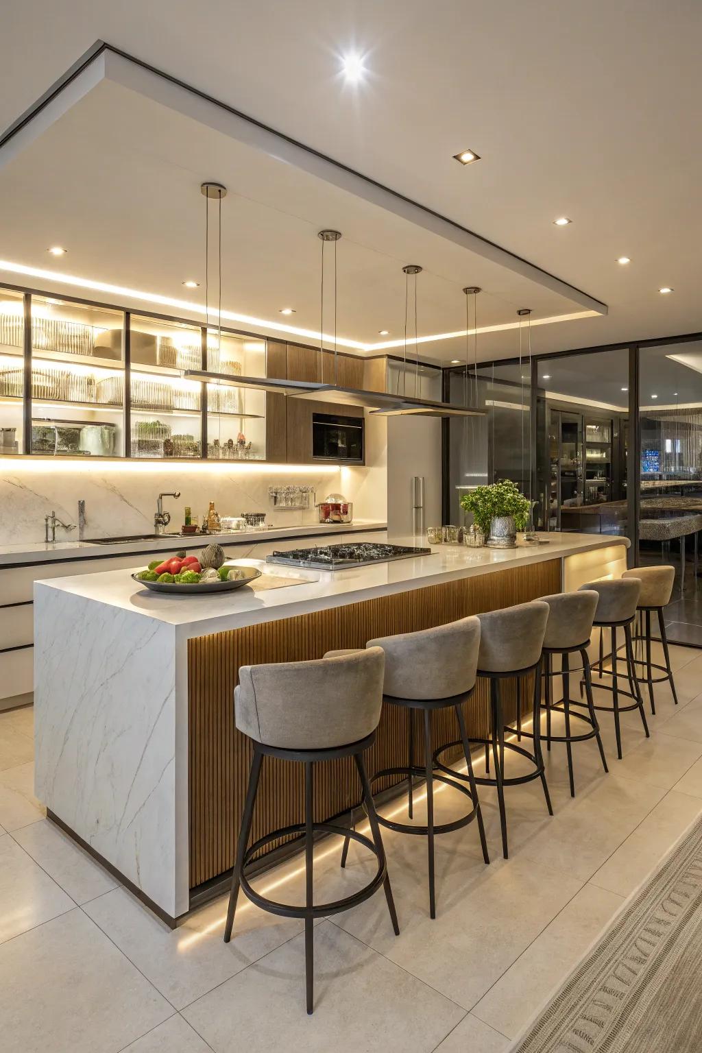 Bar seating encircling the kitchen island encourages social engagement.