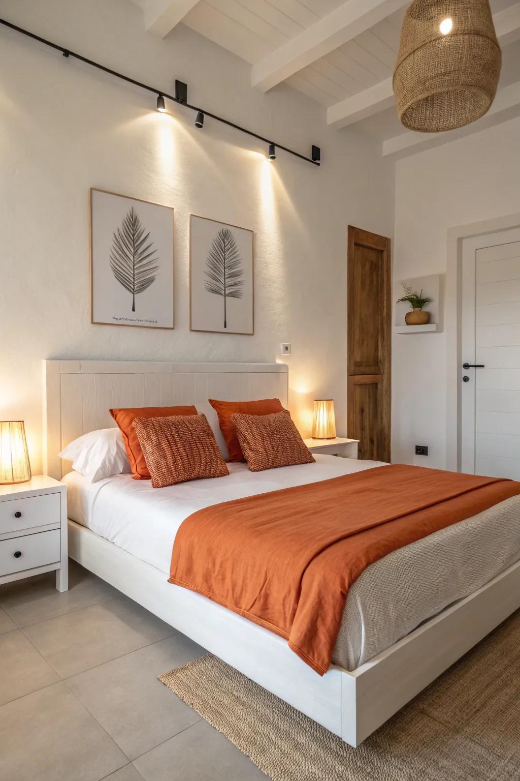Tangerine bedding accents breathe life into a serene ivory bedroom.
