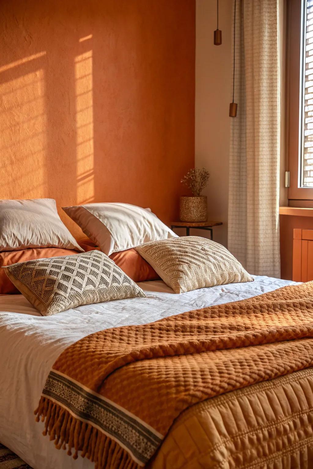 Varied texture bedding builds dimension and counterbalances the boldness of orange walls.
