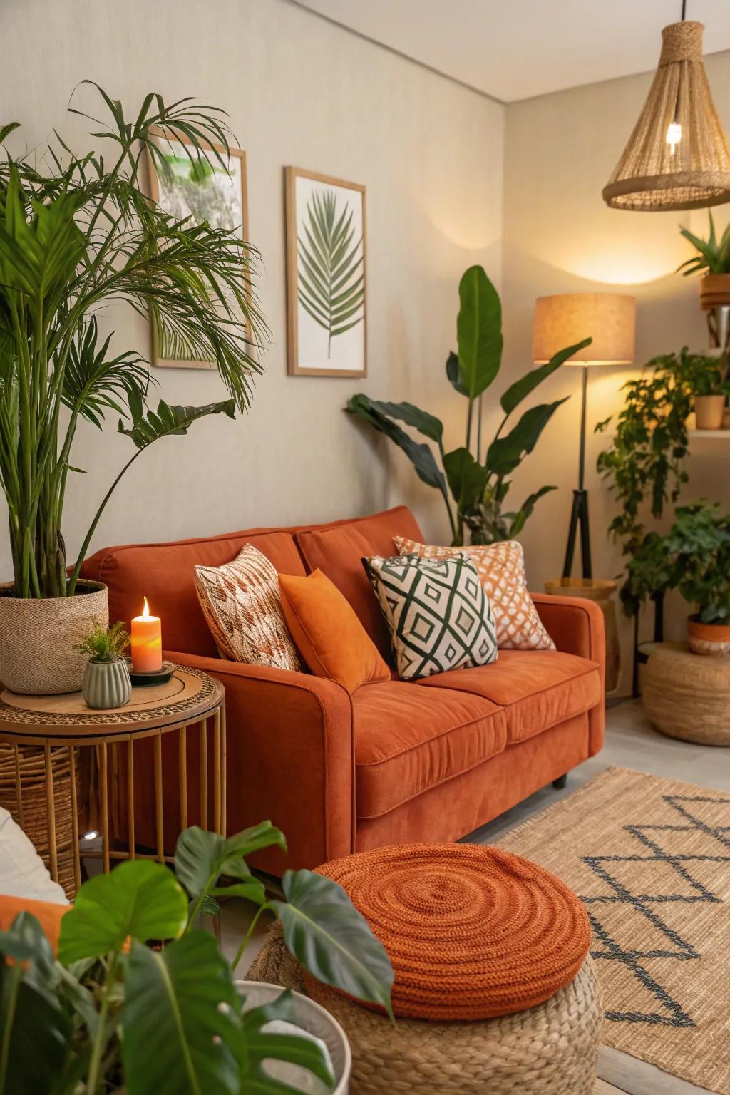 Orange accents matched with greenery create a balanced and organic atmosphere.