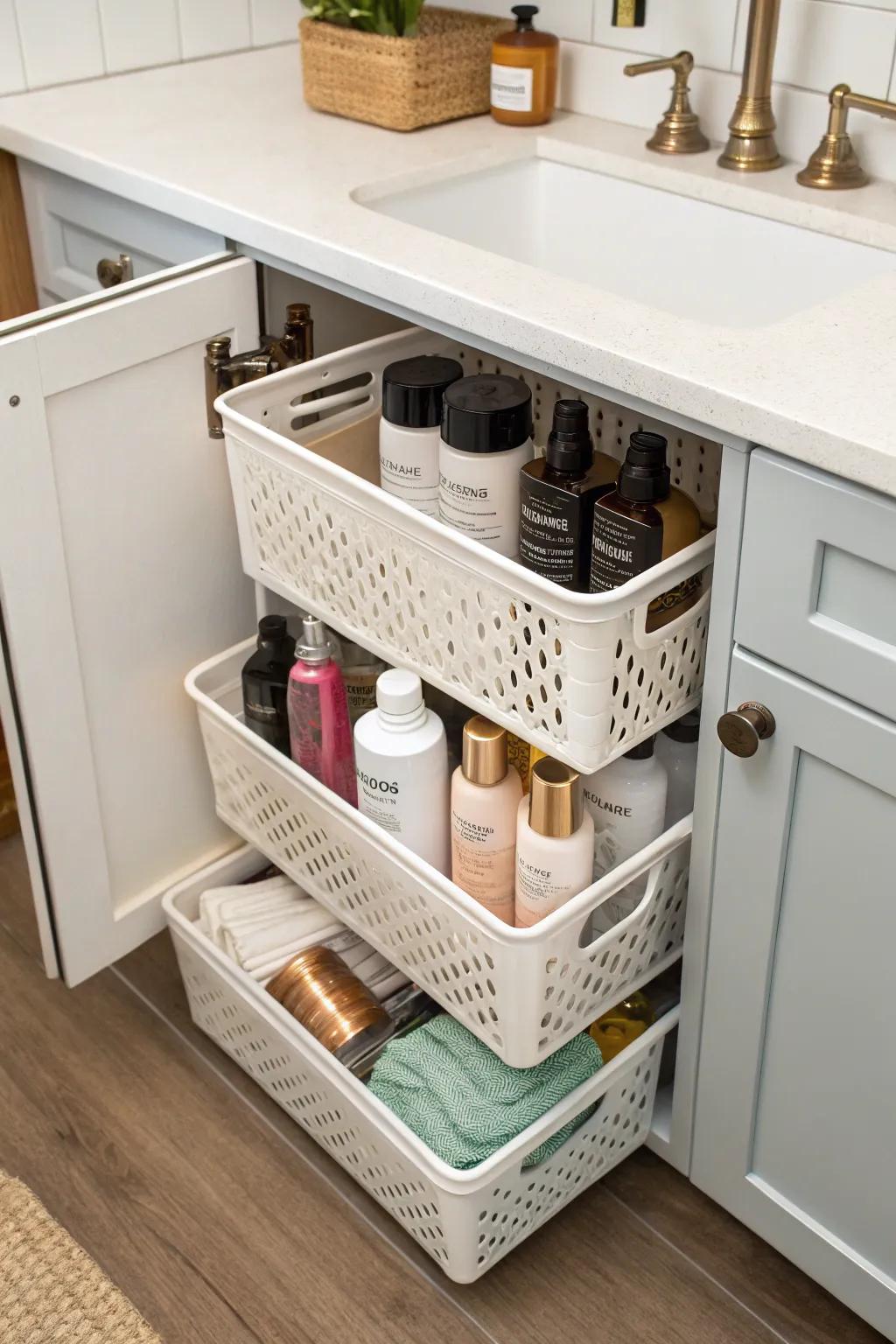 Stackable baskets are a clean solution for grouping similar items.