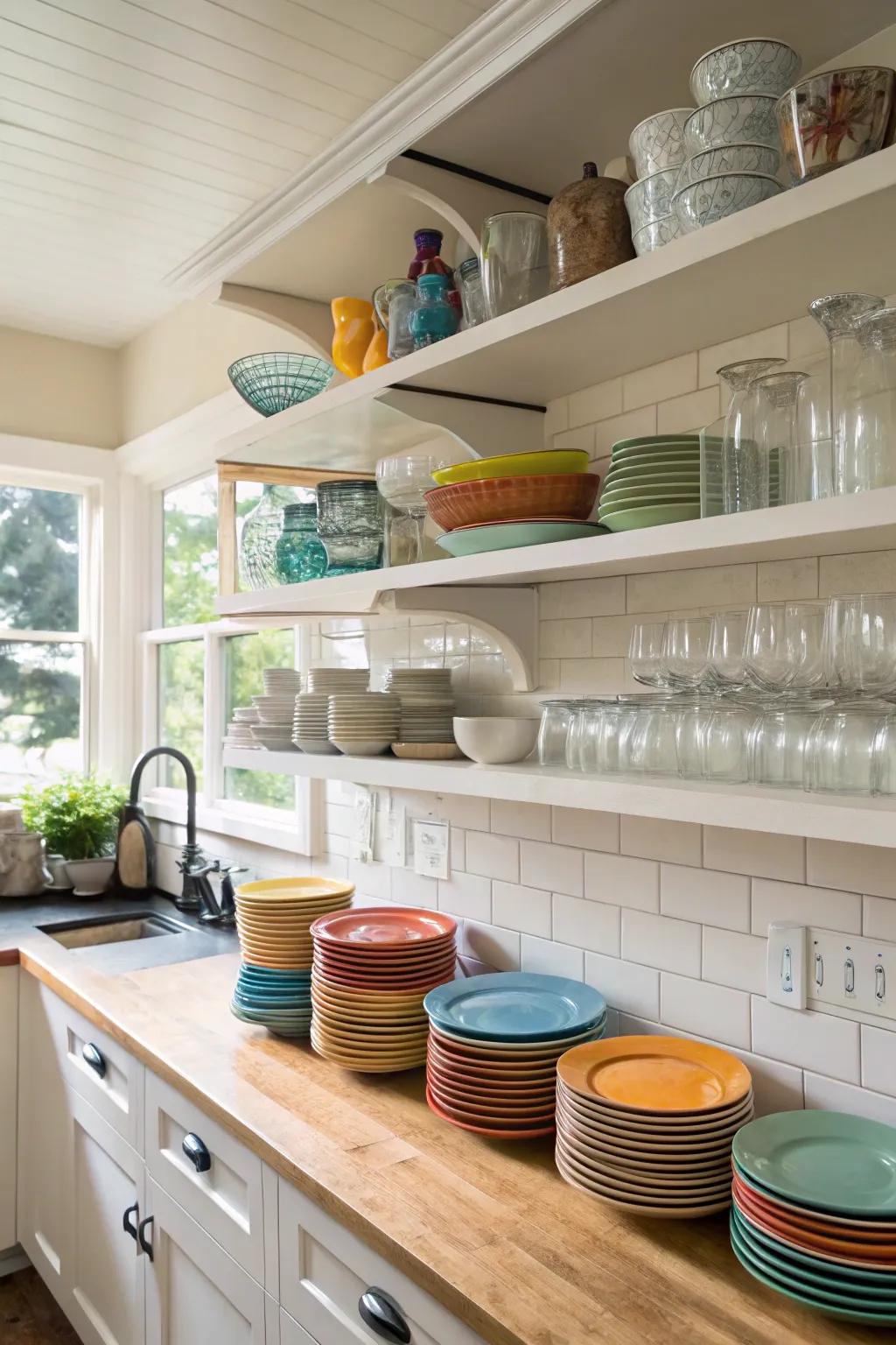 Open kitchen shelves beautifully display tableware