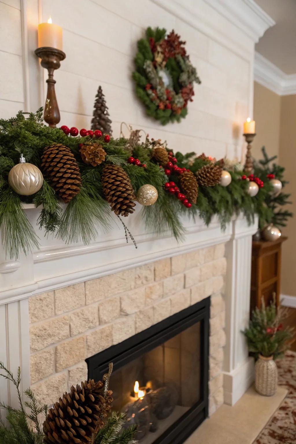 A nature-themed mantelpiece with decorations and greenery.