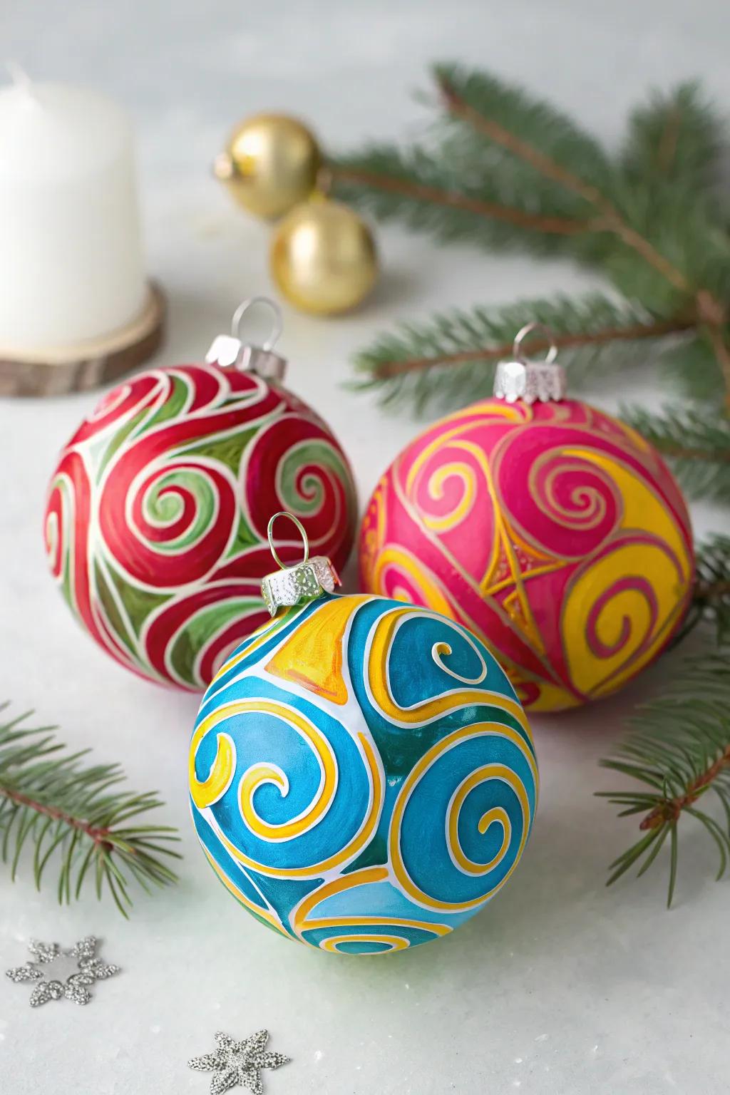 Abstract swirl ornaments add a modern flair to holiday decor.