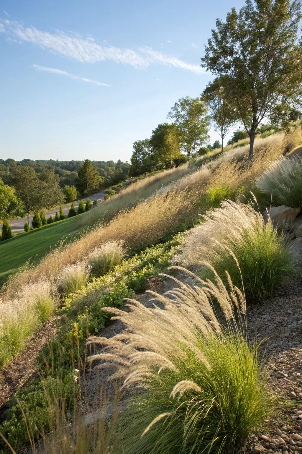 Grasses naturally control erosion on inclined landscapes.
