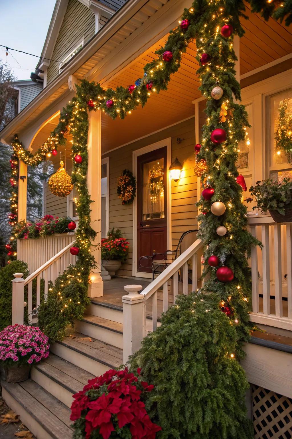 Enhance your veranda through beautiful decorated swags and ornaments.