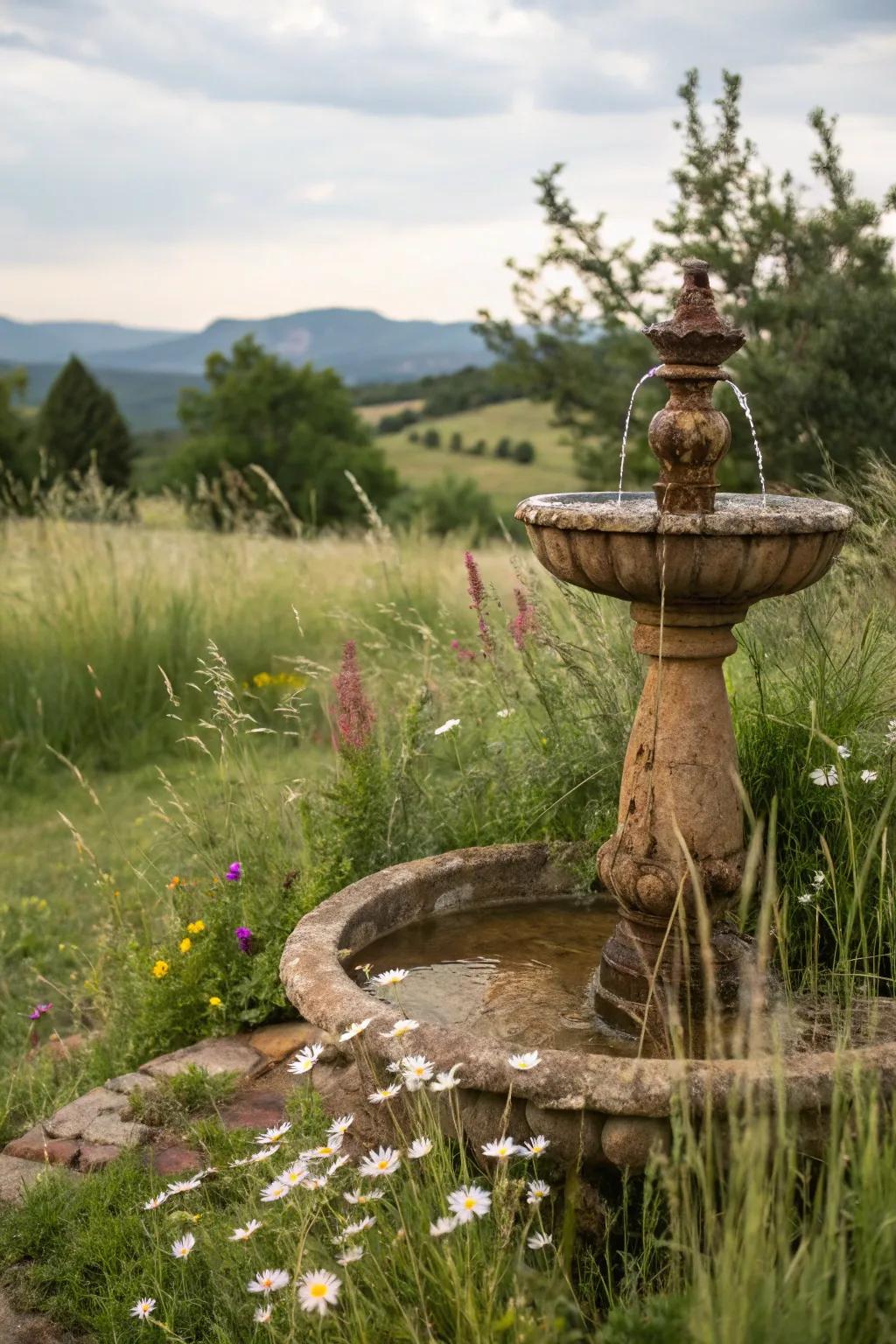 A rustic clay fountain exuding earthy charm.