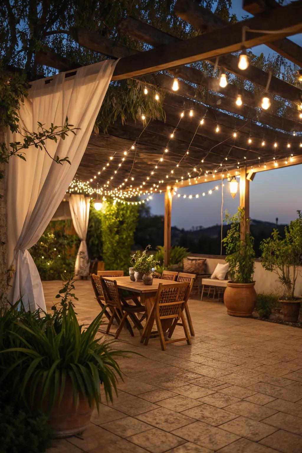 String lights impart an enchanting feel to outdoor evenings.