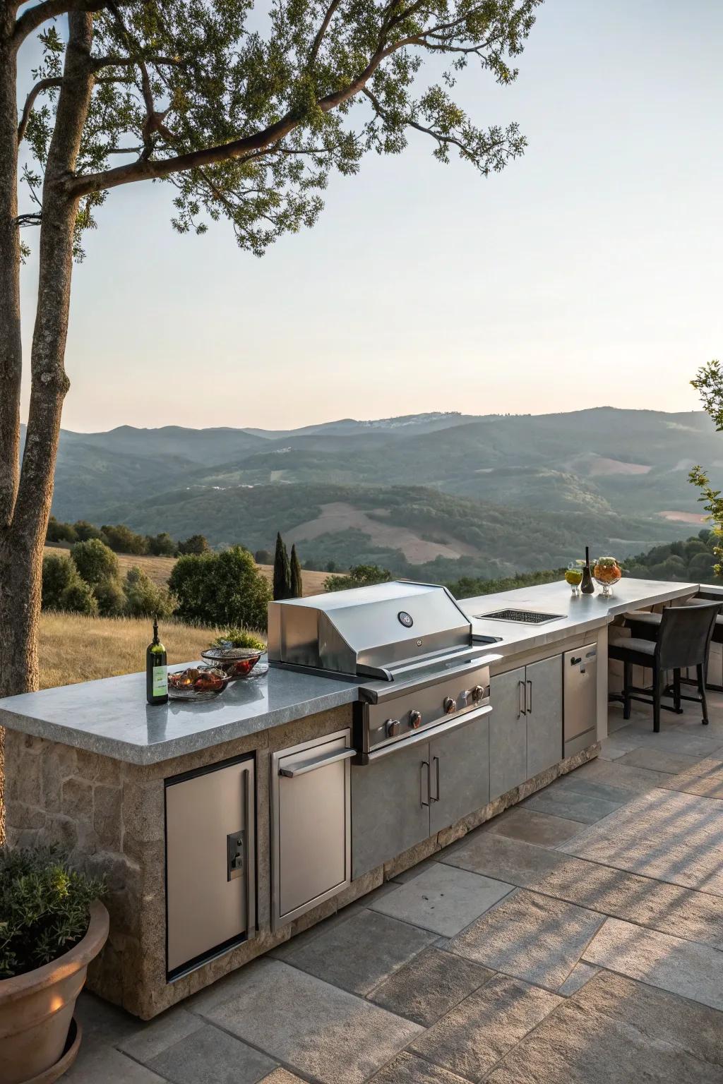 An outdoor cooking island perfectly positioned to offer stunning views of a serene landscape.