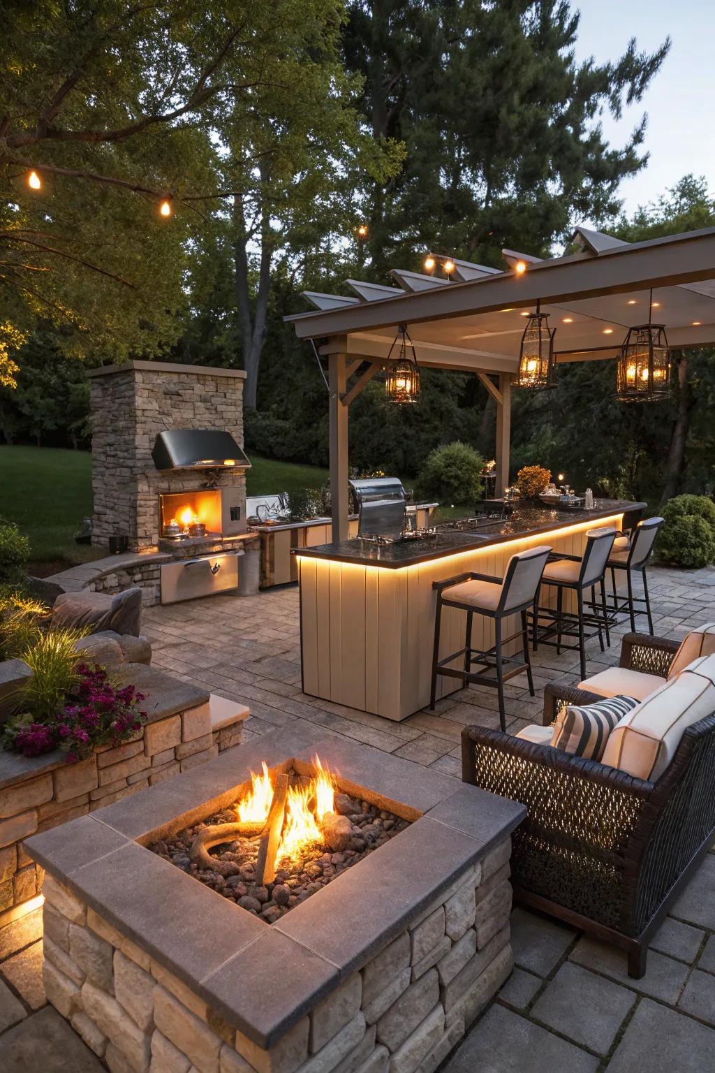 An outdoor kitchen counter featuring a built-in heating element for warmth and ambiance.