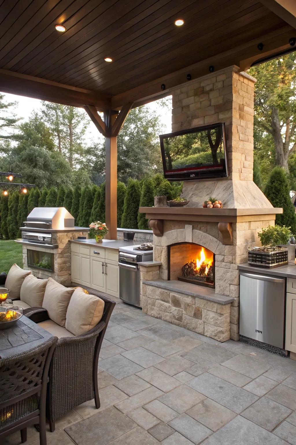 Combine warmth and entertainment with a hearth and TV setup in your outdoor kitchen.