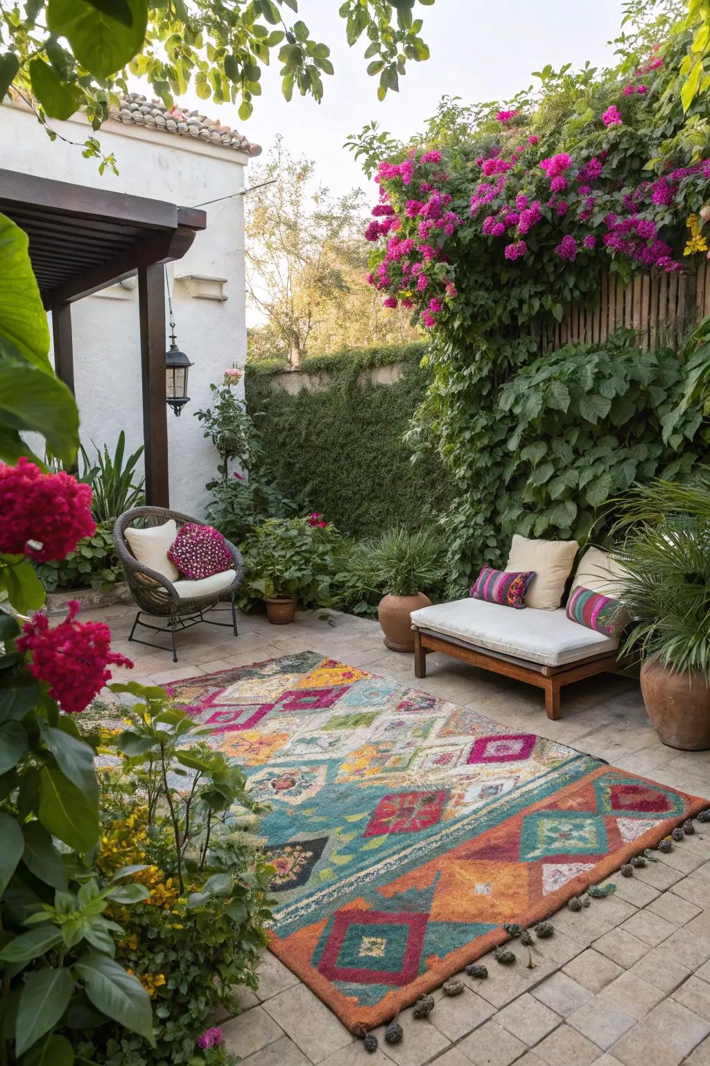An outdoor carpet adds color and defines your seating area.
