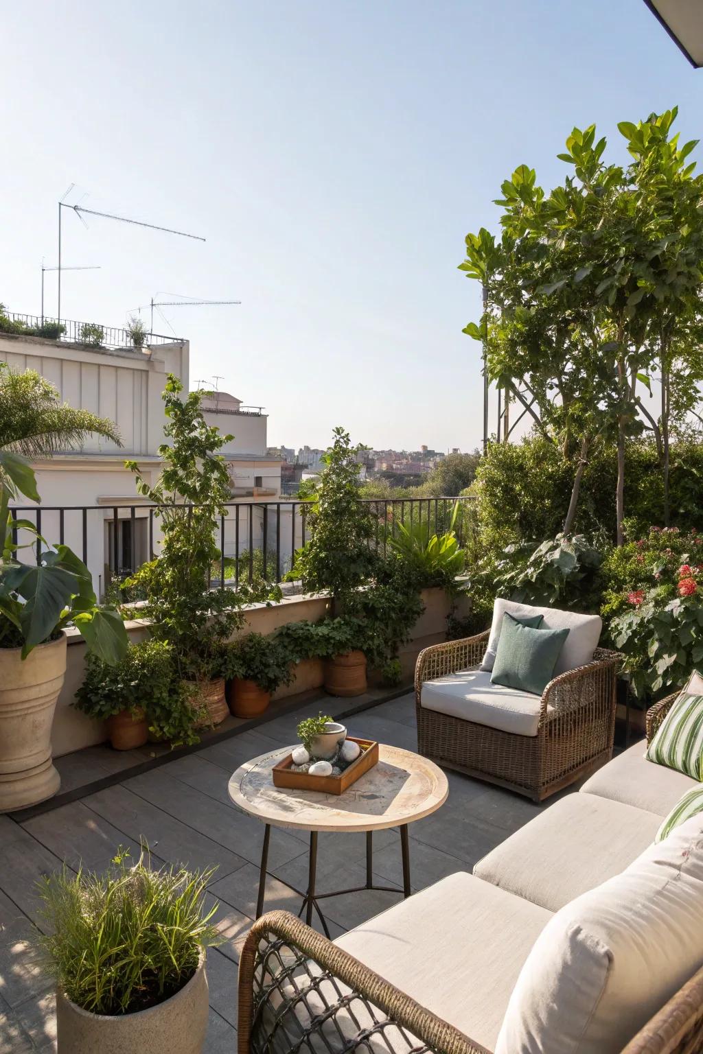 A rooftop retreat transforms unused space into a serene oasis.