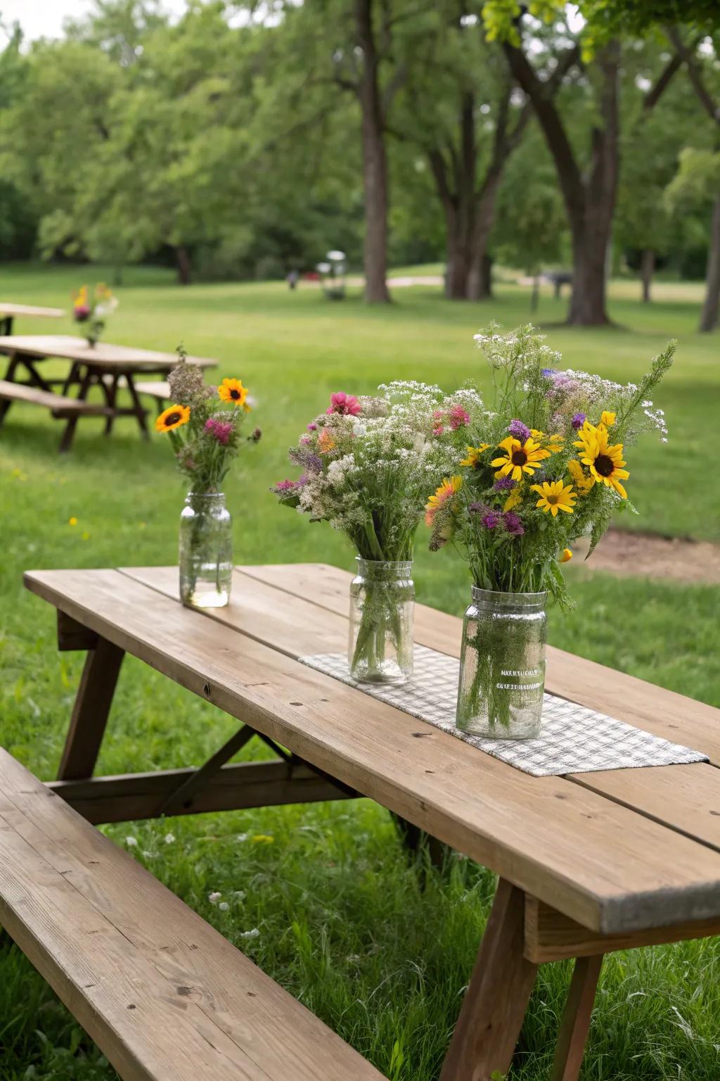 Wildflower centerpieces add a natural element to park event tables.