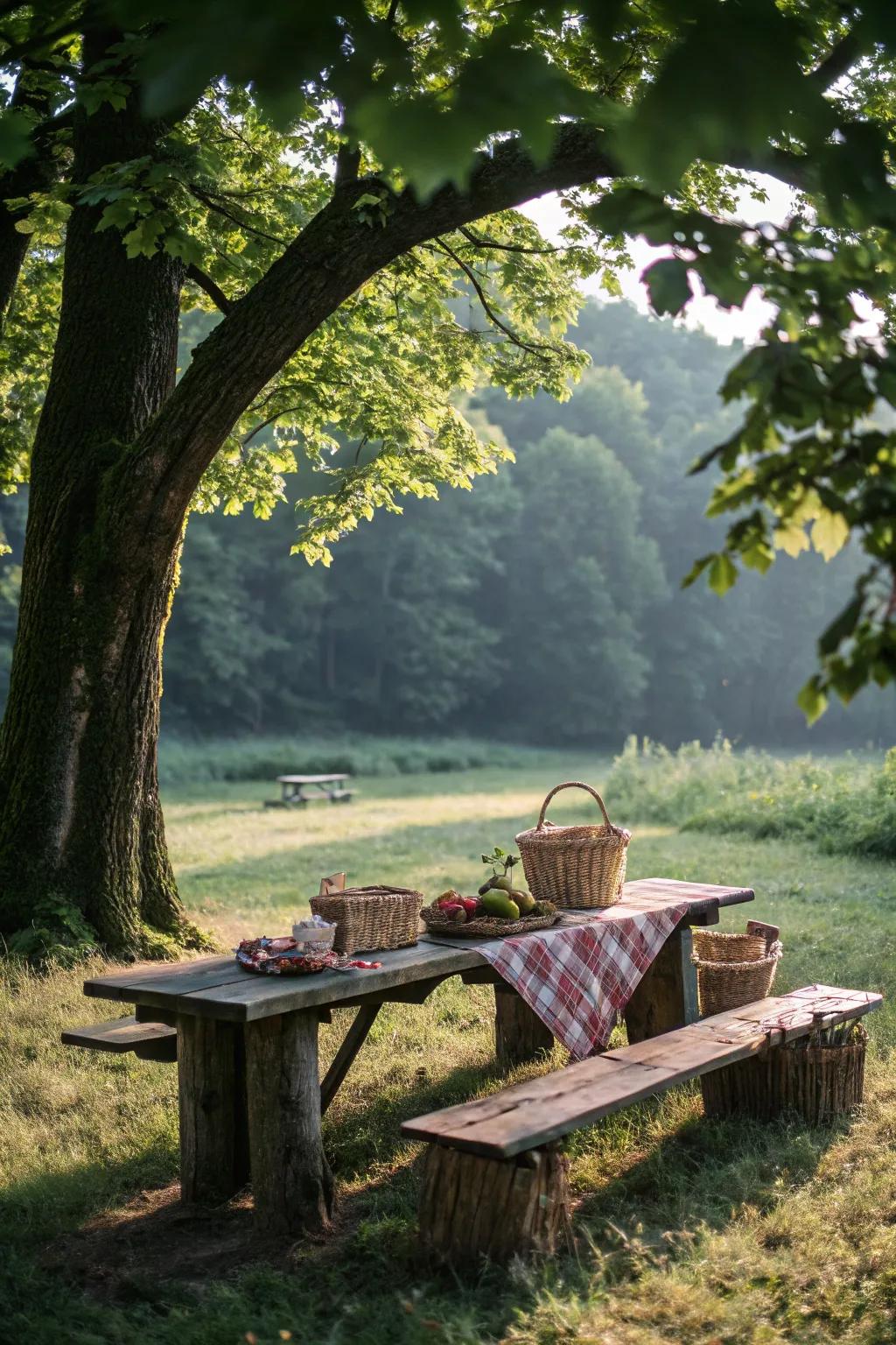Tree trunk tables integrate seamlessly with nature.
