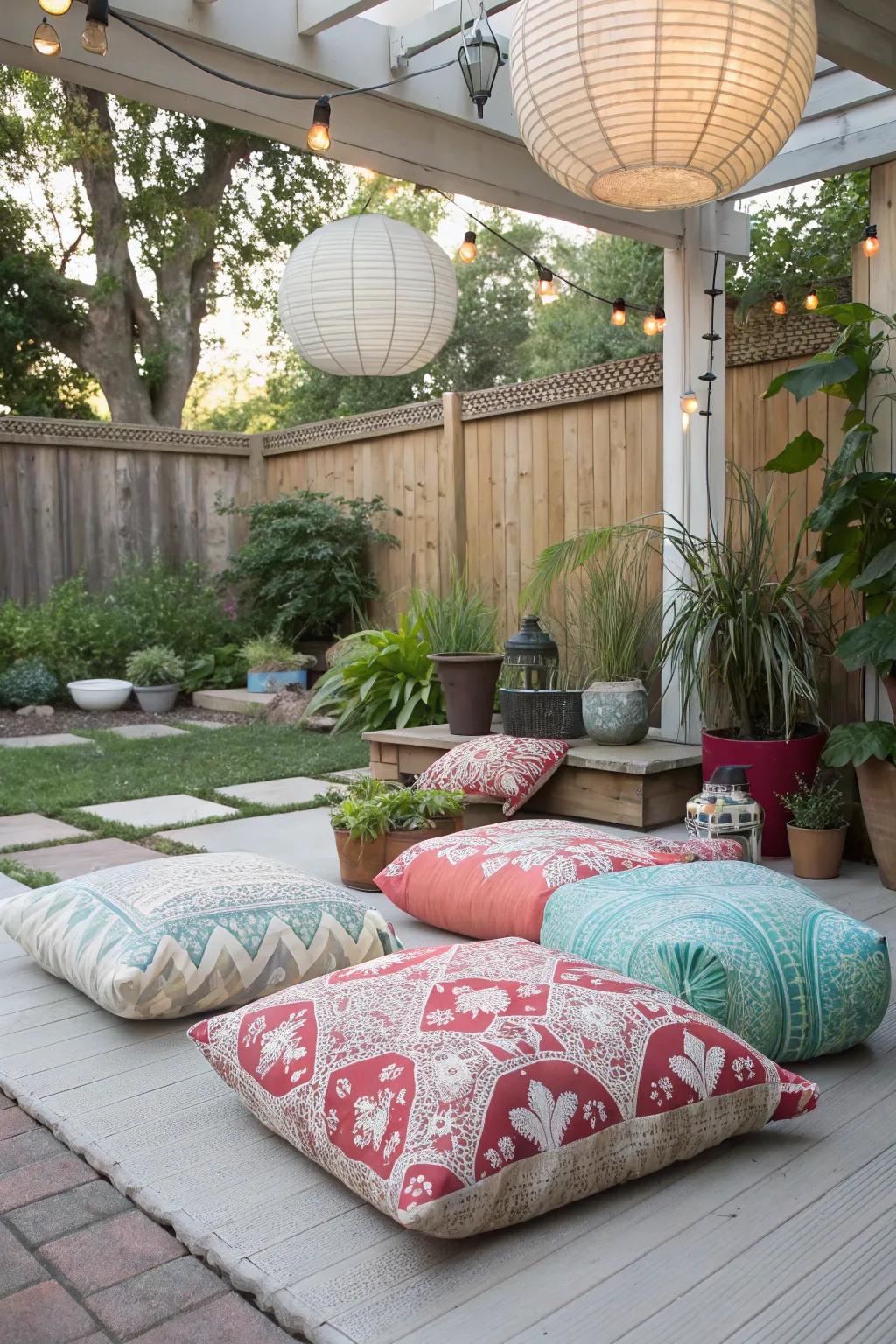 Floor cushions introduce a relaxed, bohemian design to any outdoor area.