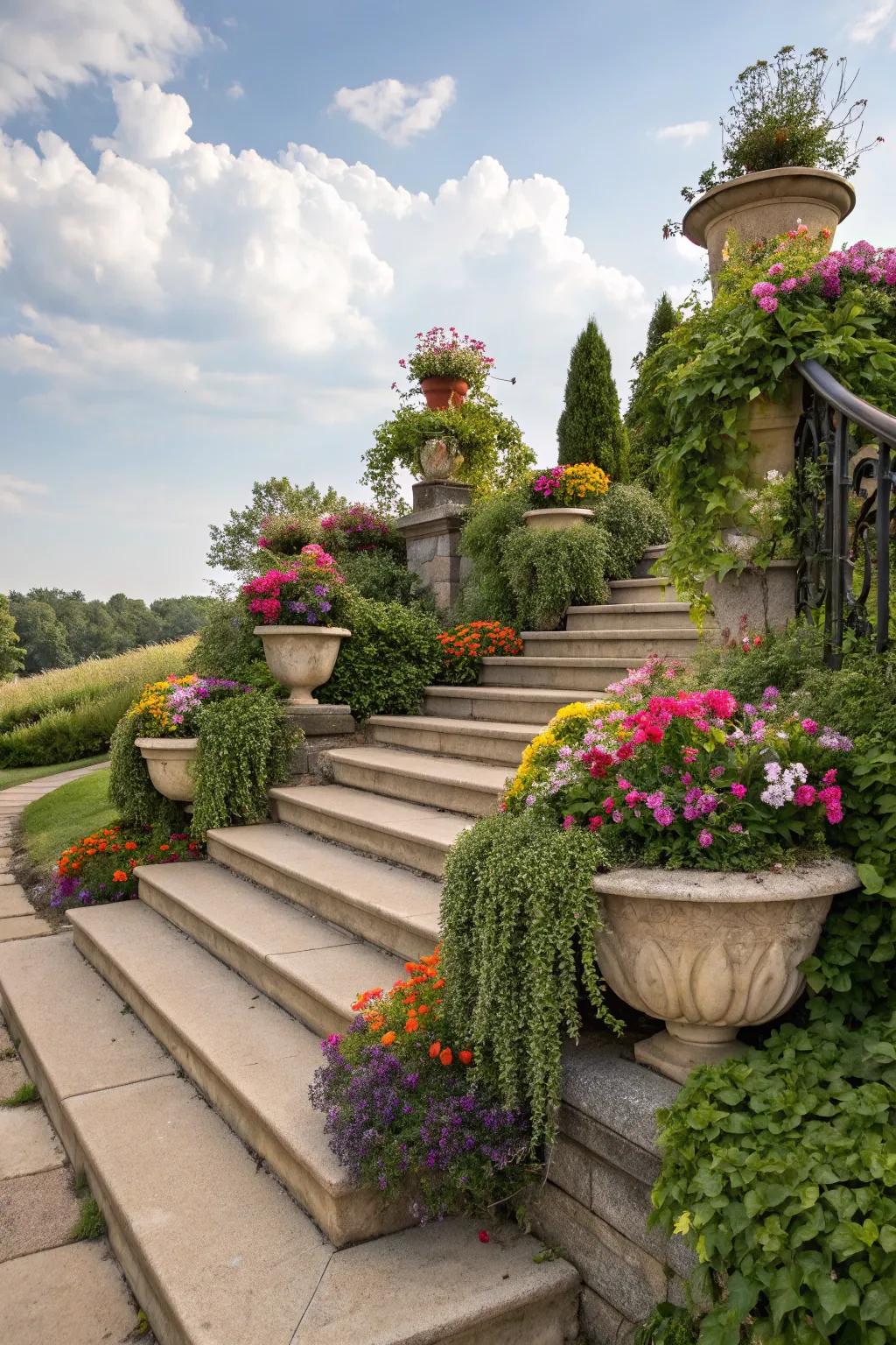 Tiered planting infuses vibrant vitality into outdoor steps, enhancing garden aesthetics.