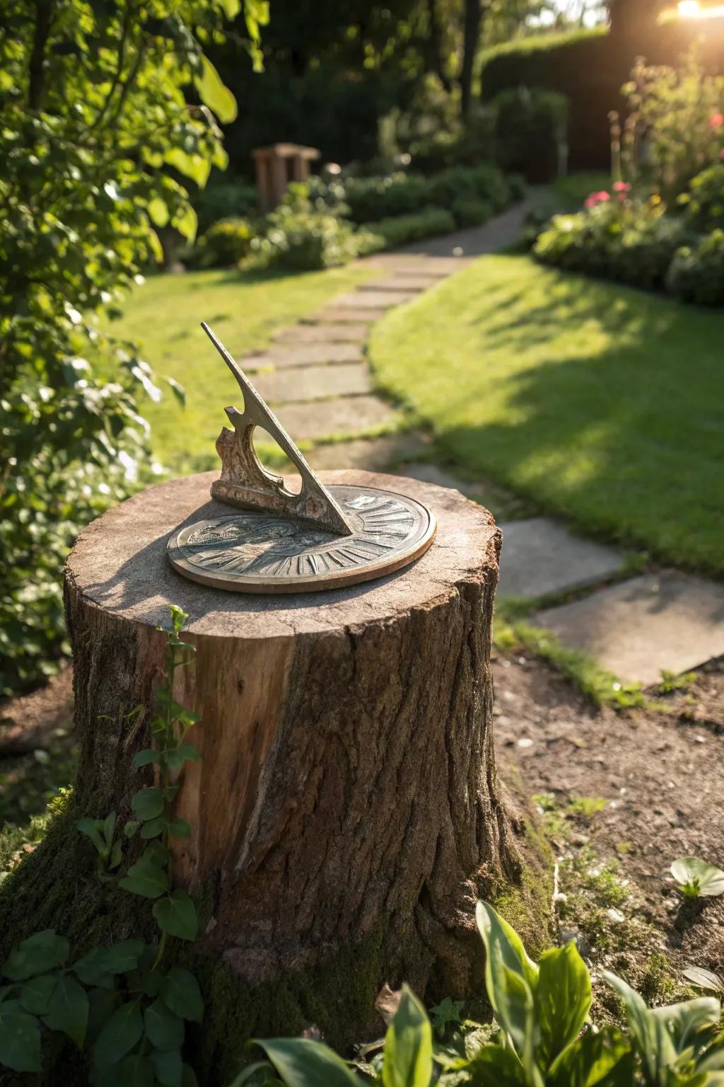 A sundial transforms a tree stump into a charming and functional garden accent.