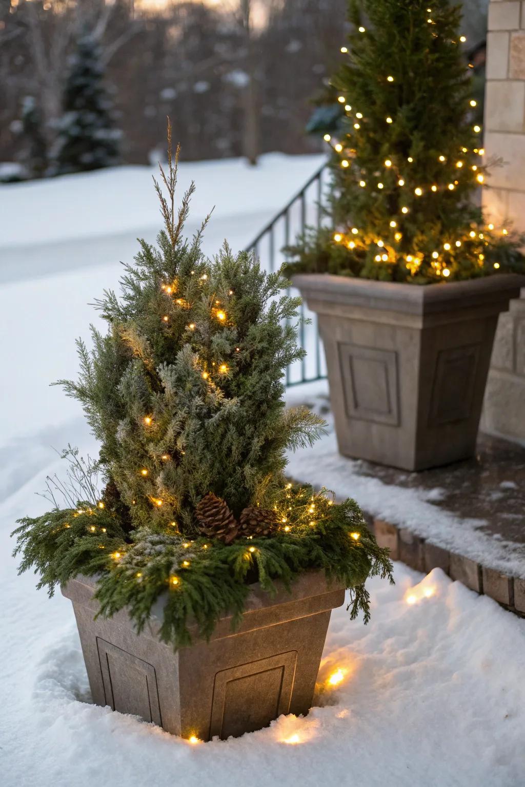 Twinkling bulbs add comfort and enchantment to winter containers.