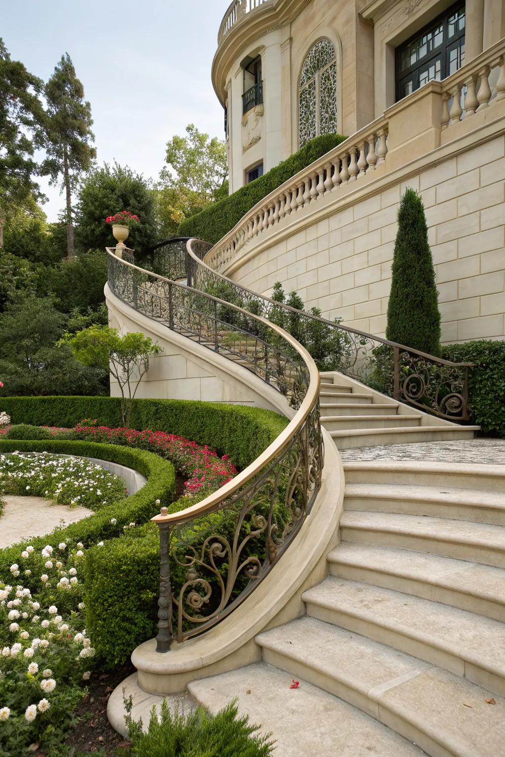 Elegant curved steps featuring ornate railings for an upscale entry.