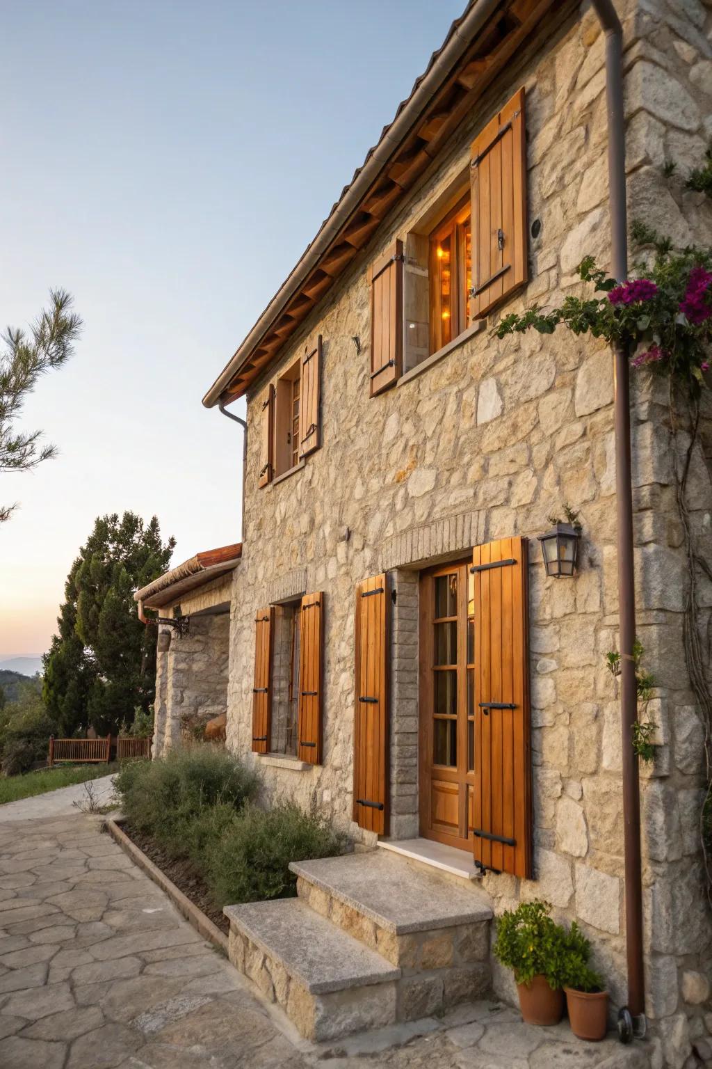 Stone house featuring warm genuine timber awnings.