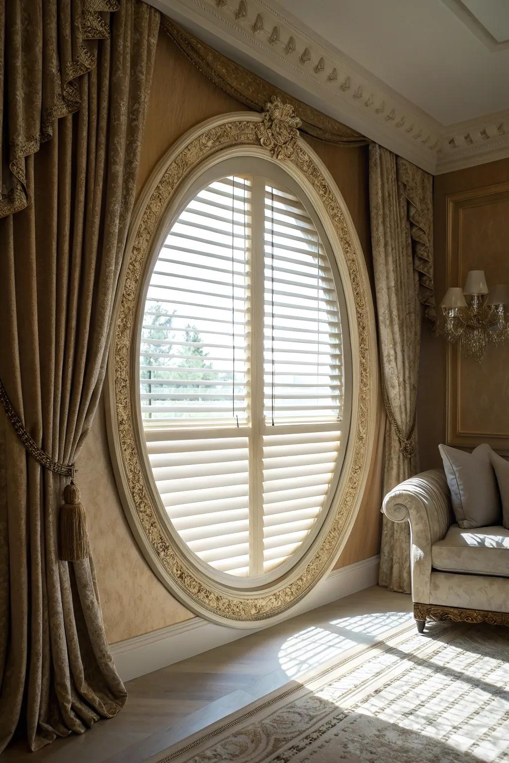 A decorative frame with built-in blinds adds to the window&rsquo;s charm.