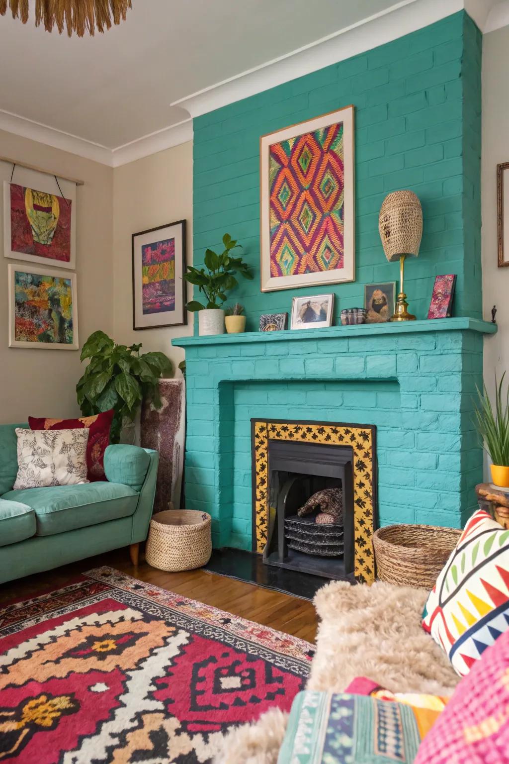 A teal fireplace provides a splash of vibrant color.