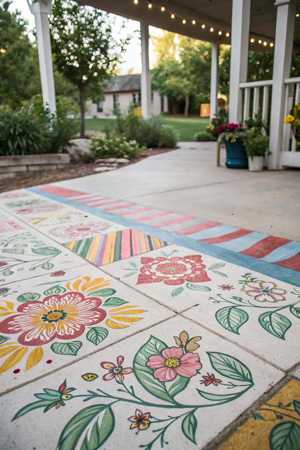 A patio with mixed patterns that reflects a unique artistic style.