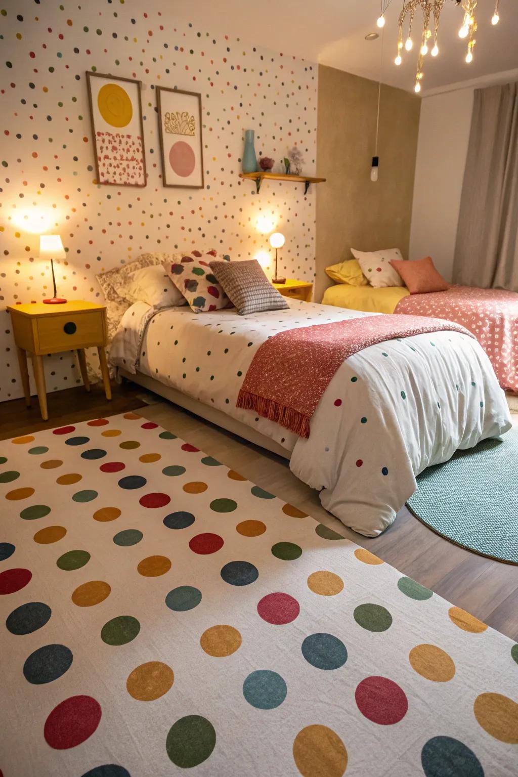 A visitor bed room with lively polka dot painted floorings, providing an enjoyable and inviting environment.