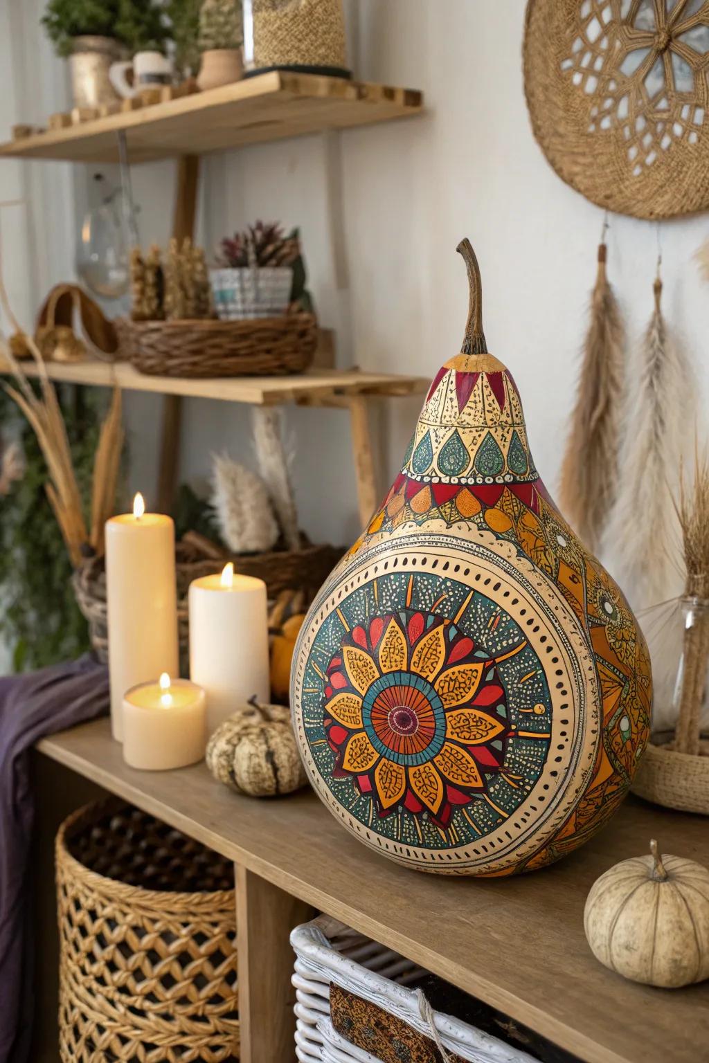 A boho sophisticated gourd adorned with mandala patterns.