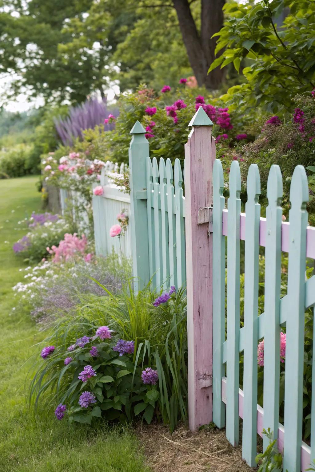 A delightful pastel picket fence nestled in a peaceful garden environment.
