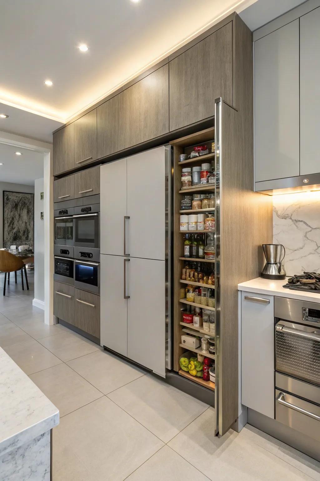 A kitchen showcasing a hidden pantry built into the cabinetry.