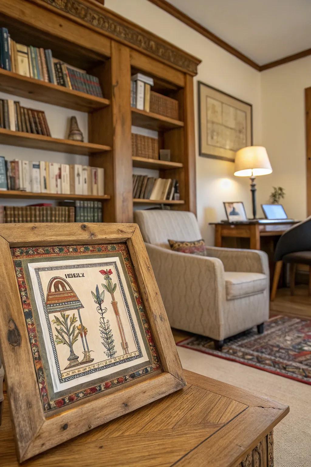 Country-style wood frames bring warmth to papyrus art.