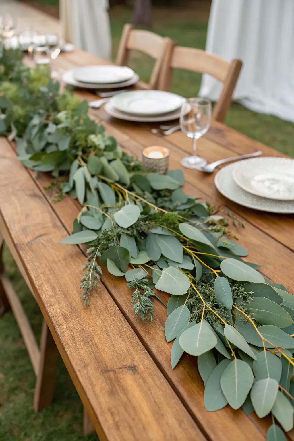 A lush green centerpiece with eucalyptus.