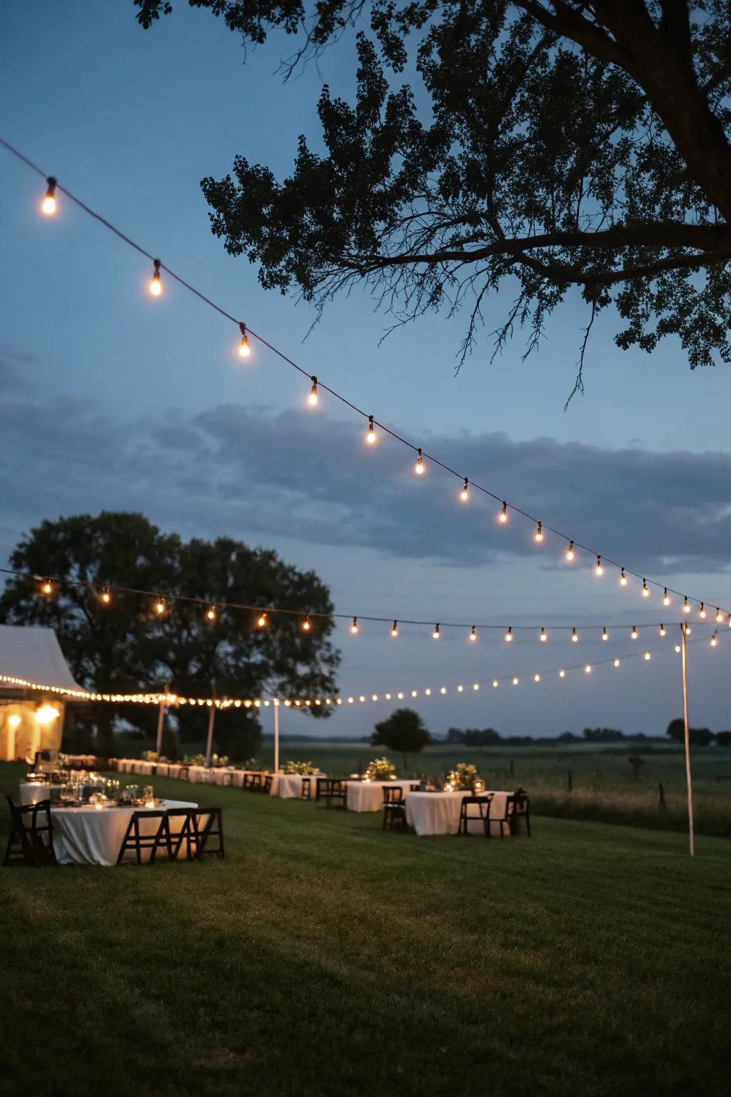 Strung lights inject a magical radiance to the meadow reception.