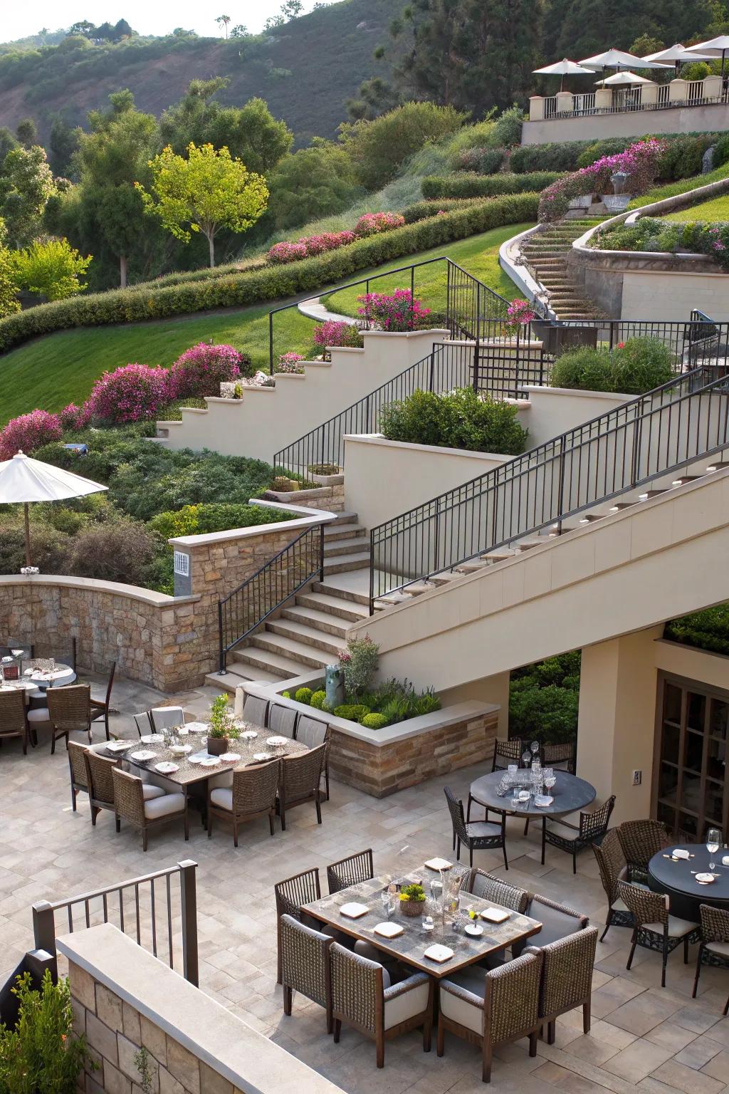 Split-tier patios provide varied spaces for diverse functions.