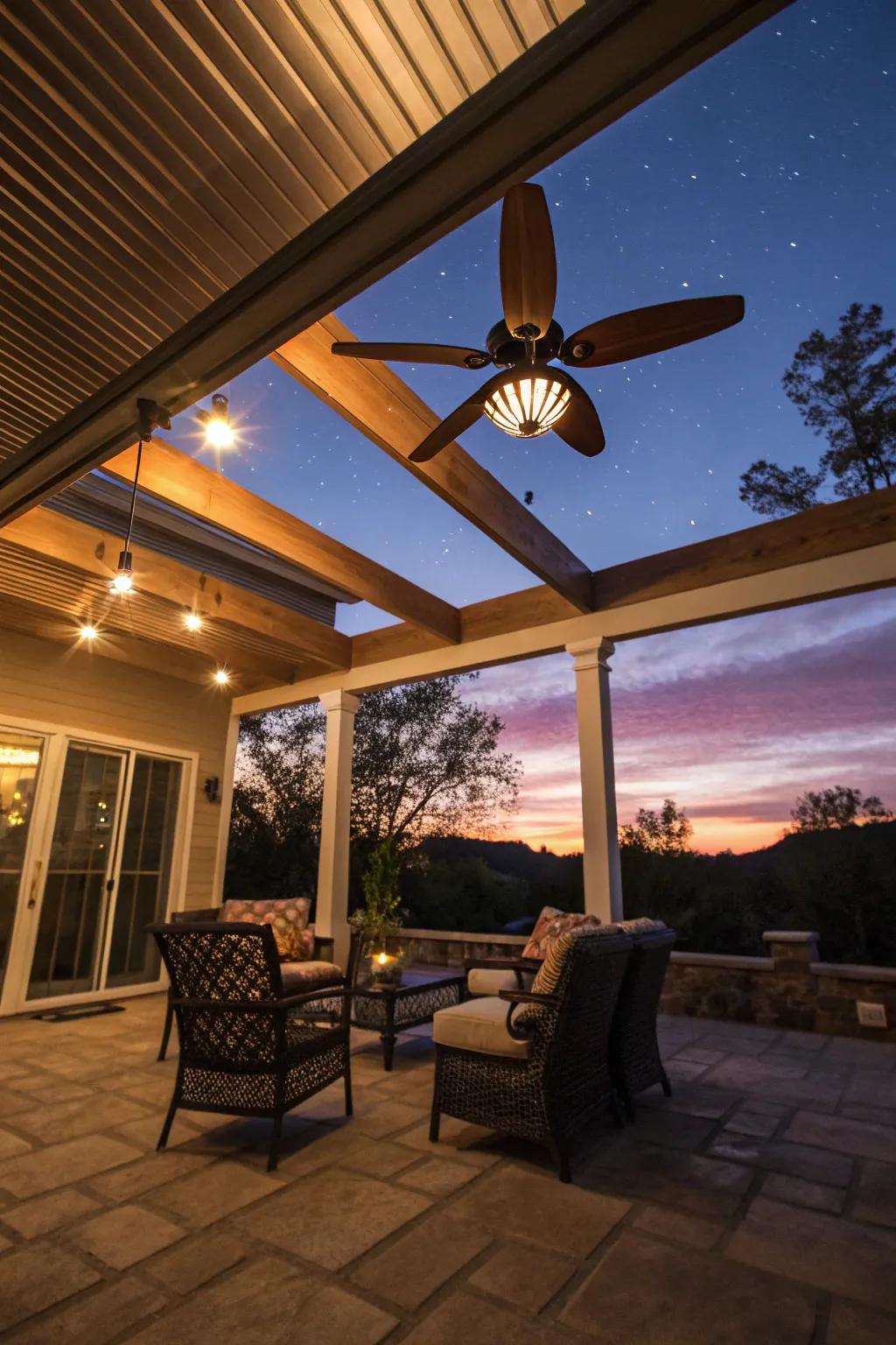 An inviting deck lit by a ceiling fan with integrated lighting.