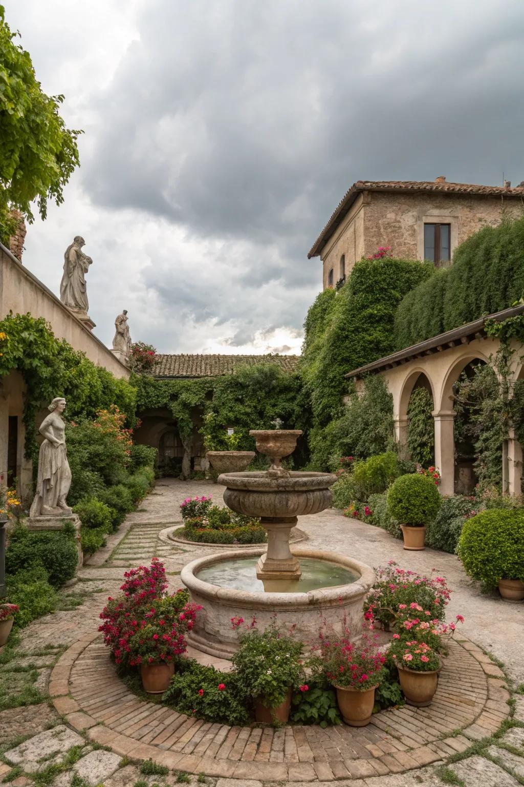 The tranquil ambiance of this courtyard is enhanced by a water fountain.