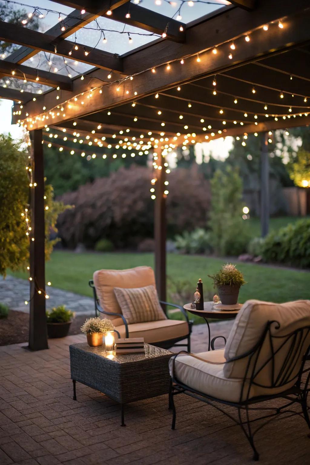 A fairy light canopy introduces whimsy to your patio.