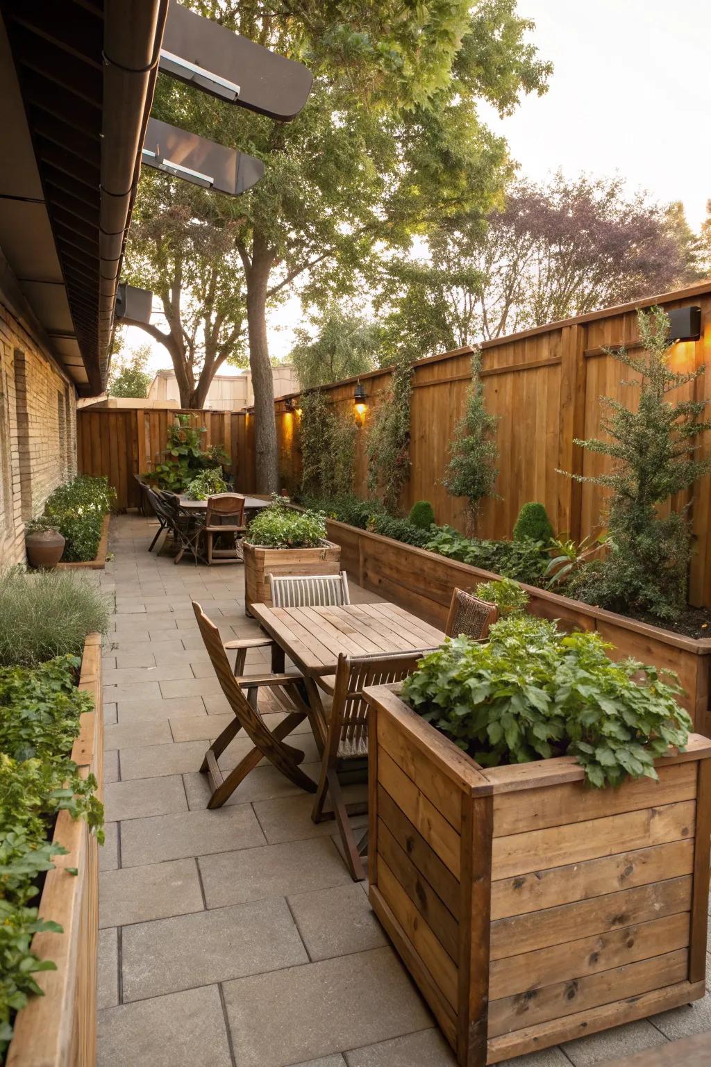 Add a country feel with timber planters on your patio.