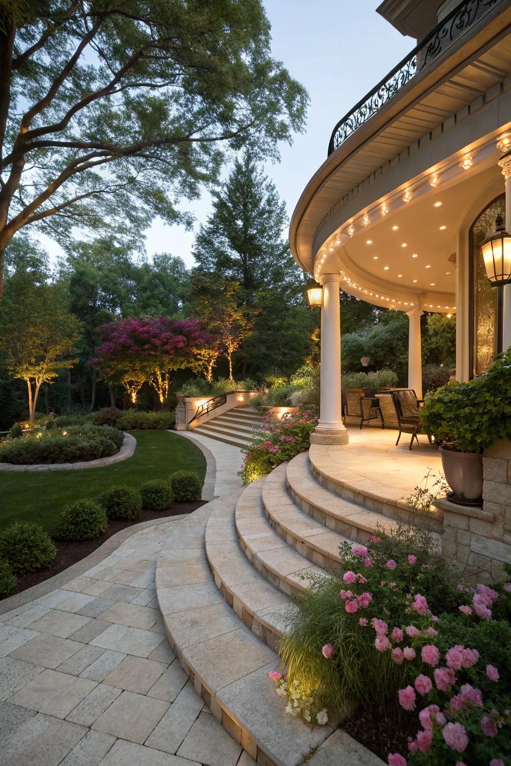 Curved steps create a sophisticated transition.