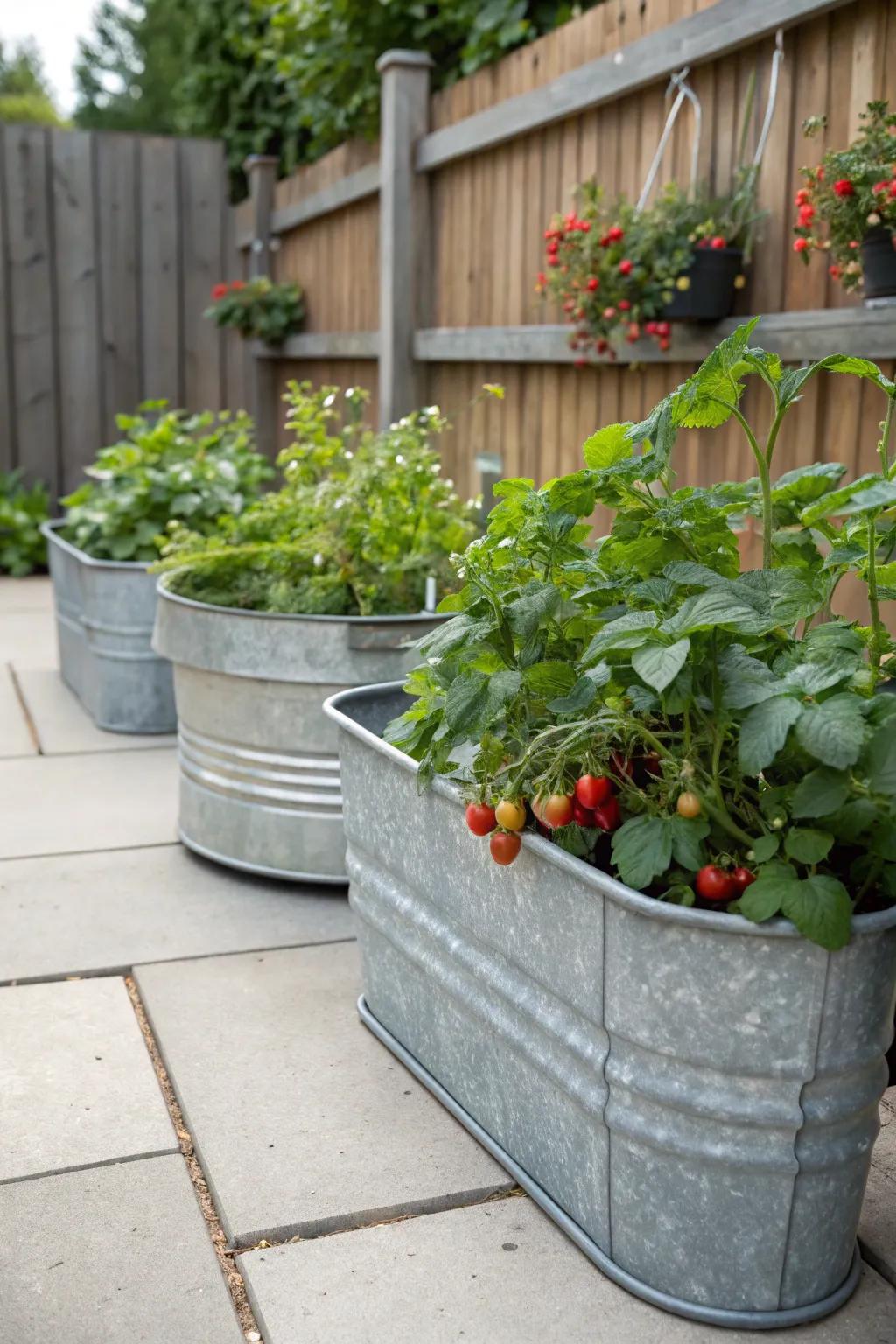 Charming and functional, rustic galvanized tubs enhance the garden.