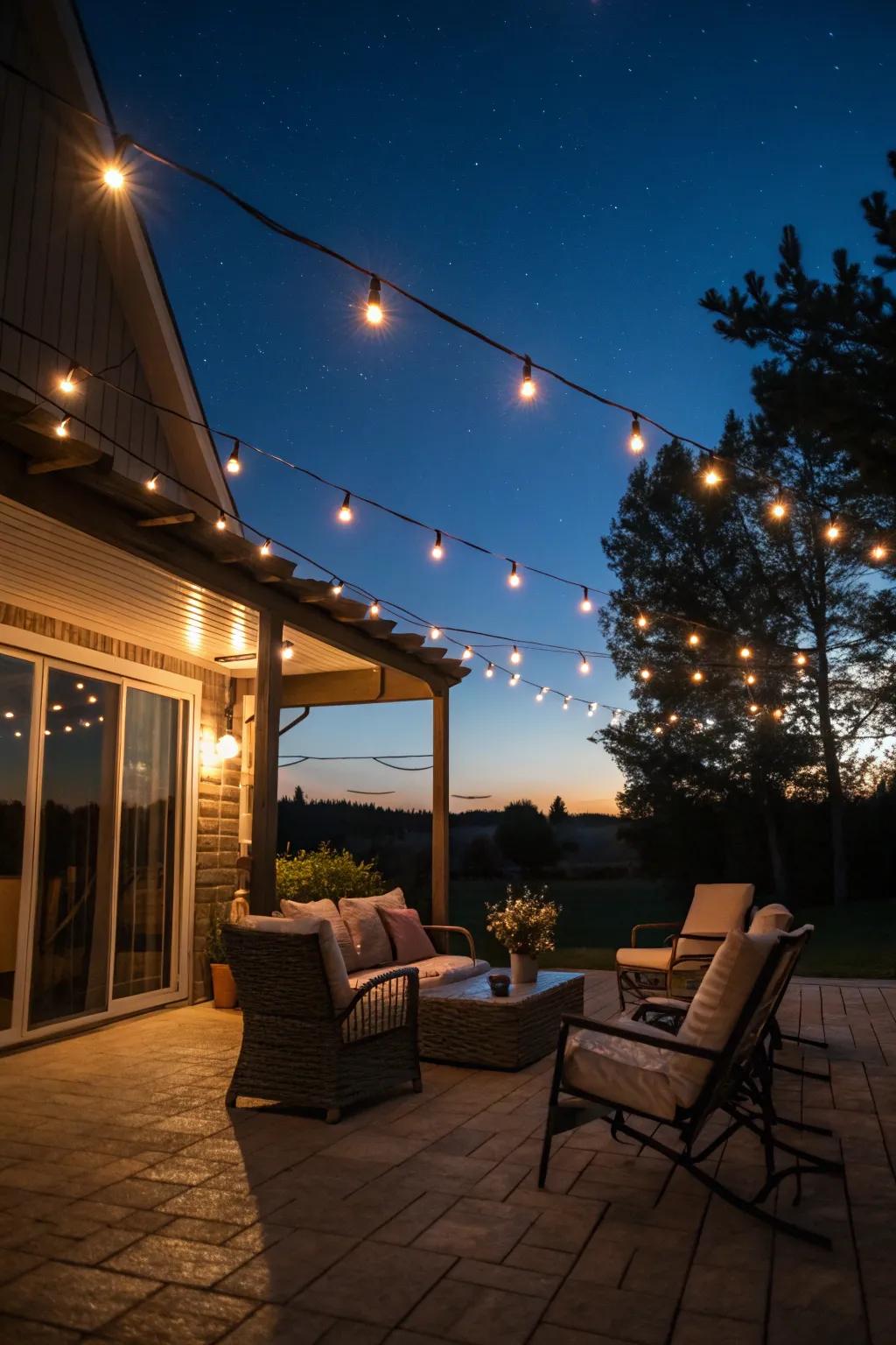 Festoon lights adding a magical touch to the patio.