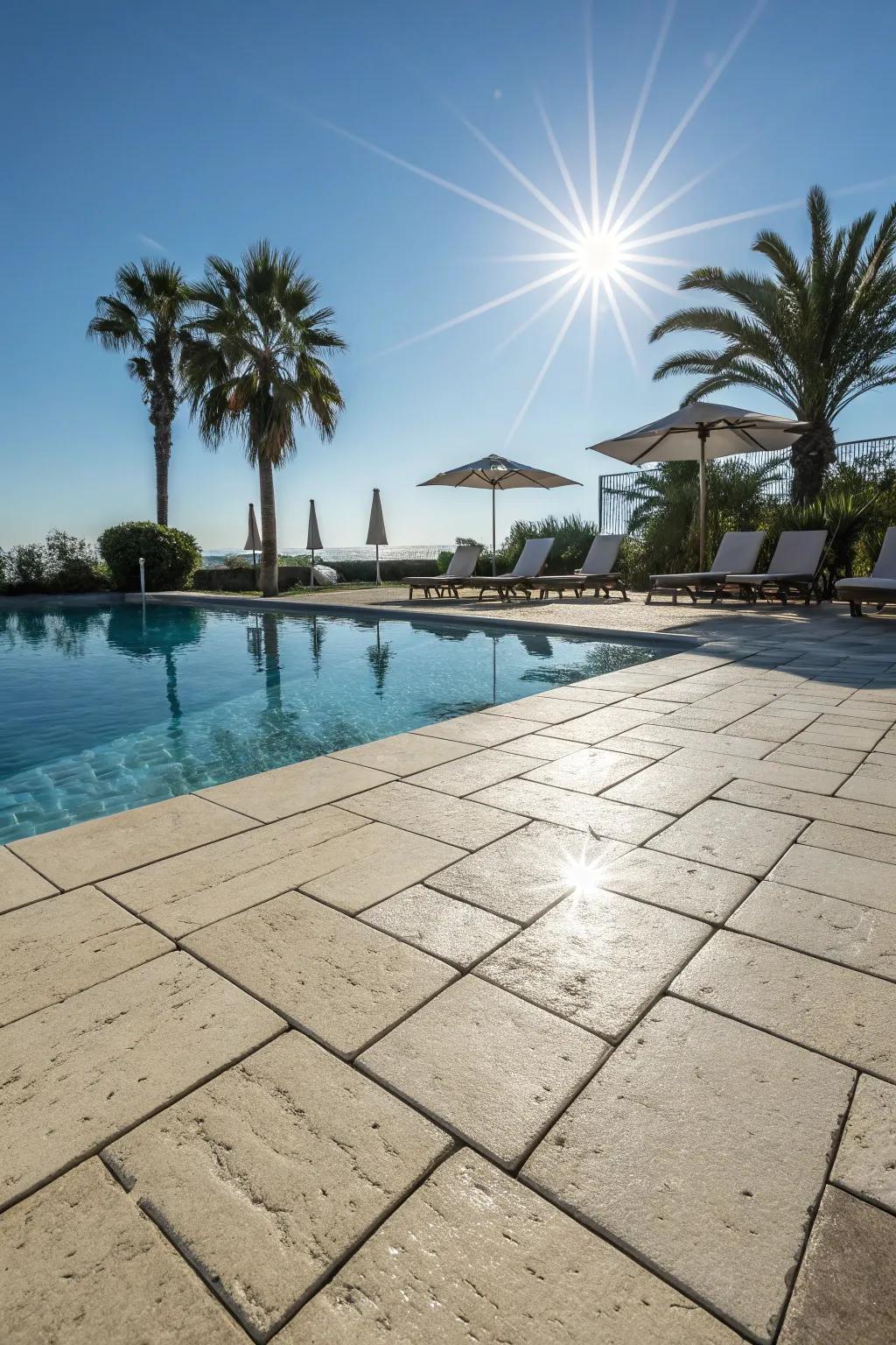Light-colored pavers help maintain a cool and comfortable pool deck.